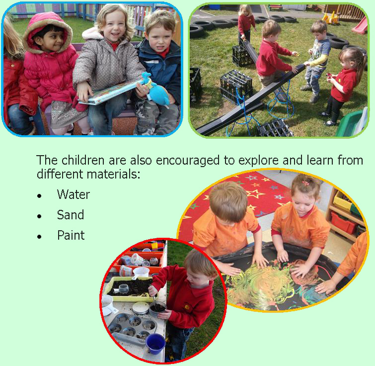 Pictures of children doing messy activities such as playing with soil, water and paint